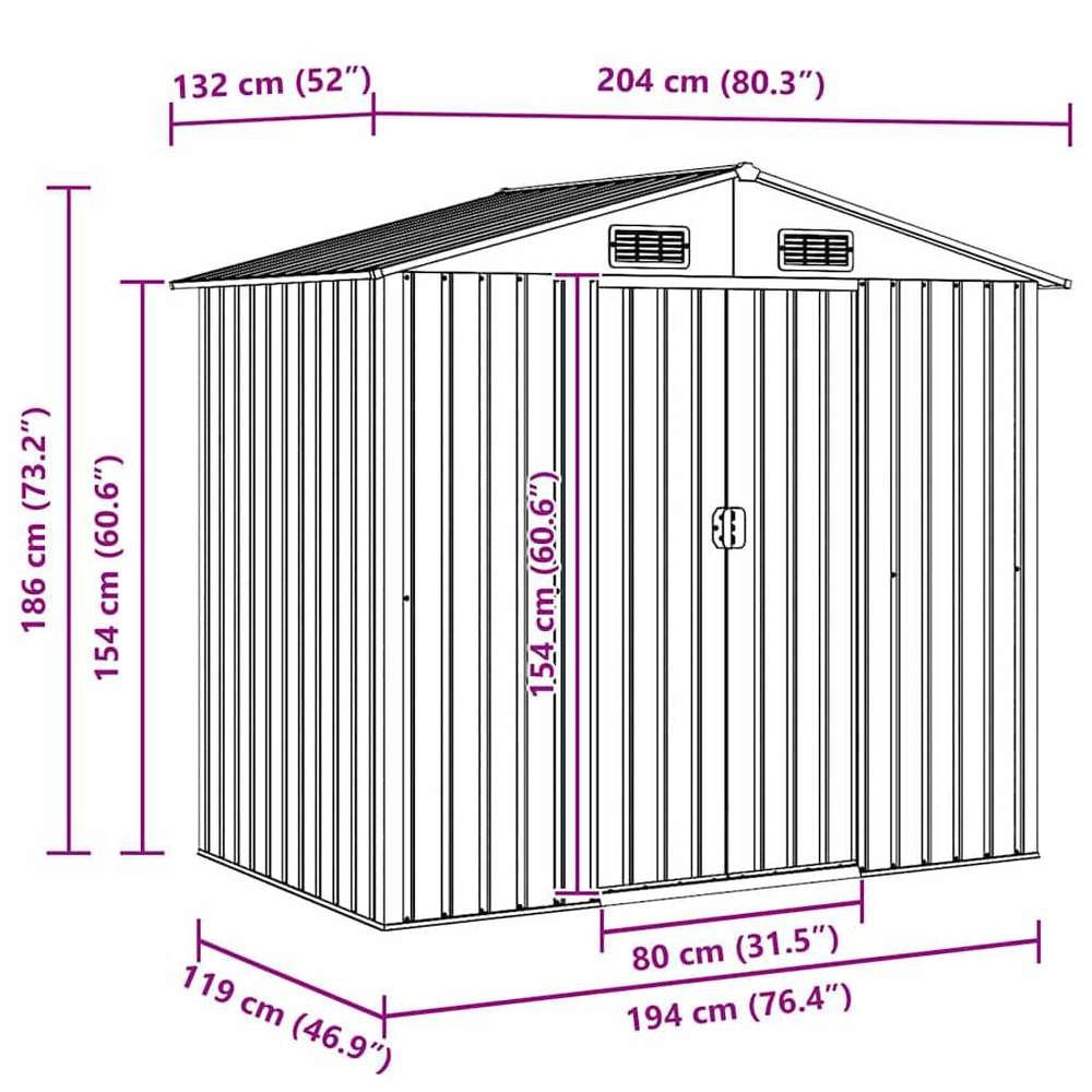 Garden Shed, Grey Metal, 204 X 132 X 186 Cm