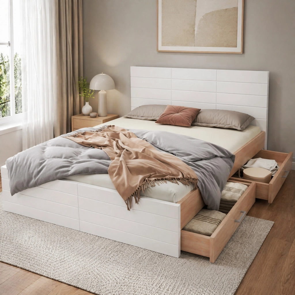 Letto matrimoniale in legno 140x200 cm con 2 cassetti, struttura letto con rete a doghe, bianco e rovere, senza materasso