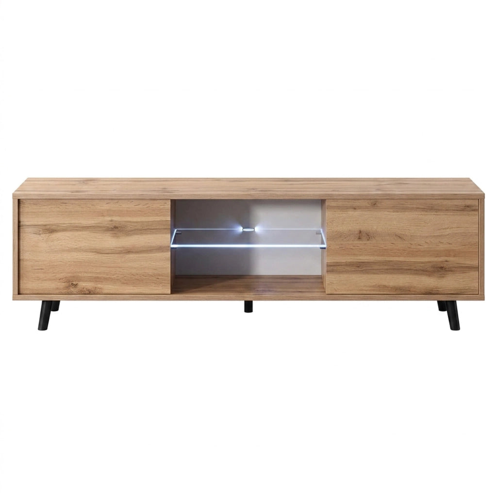 Mobile TV In Melaminico Con 2 Ante Battenti Vano Centrale Con Ripiano In Vetro E LED Piedini In Metallo Per Soggiorno Salotto Zona Living 140 X 31.5 X 40 Cm Rovere