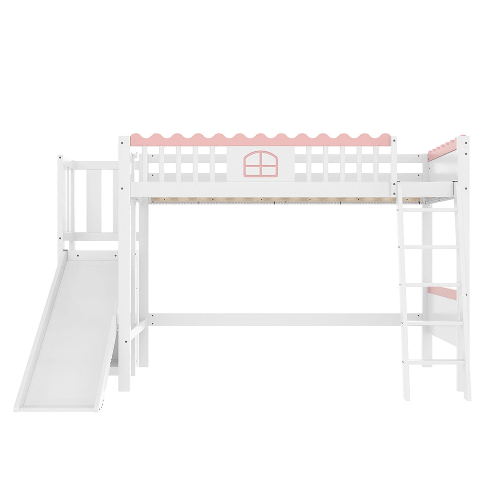 Letto a Soppalco Bambini con Scivolo – Xylo – 90x200cm, Pino, Luci LED, Scaffali, Cert. EN747, Bianco, Senza Materasso