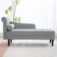 Chaise Longue con Rivestimento Trapuntato Effetto Velluto Grigio, in Legno Massello e Spugna, 146x61x82.5 cm