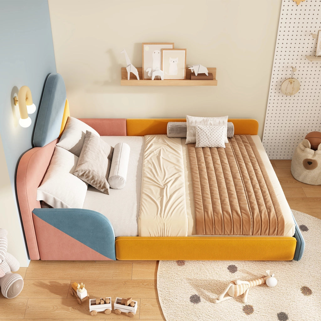 Letto per bambini 140 × 200 cm con protezione laterale rialzata, senza materasso, in velluto, blu multicolore