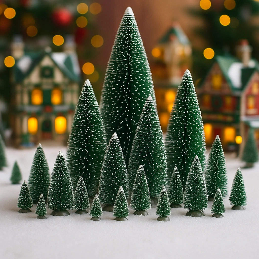 Set 21 Pini Alberi Assortiti per Villaggi Natalizi Varie Dimensioni in Poliestere Verde