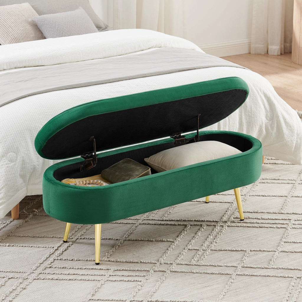 Panca contenitore ovale - con vano portaoggetti e coperchio ammortizzato - in velluto verde scuro