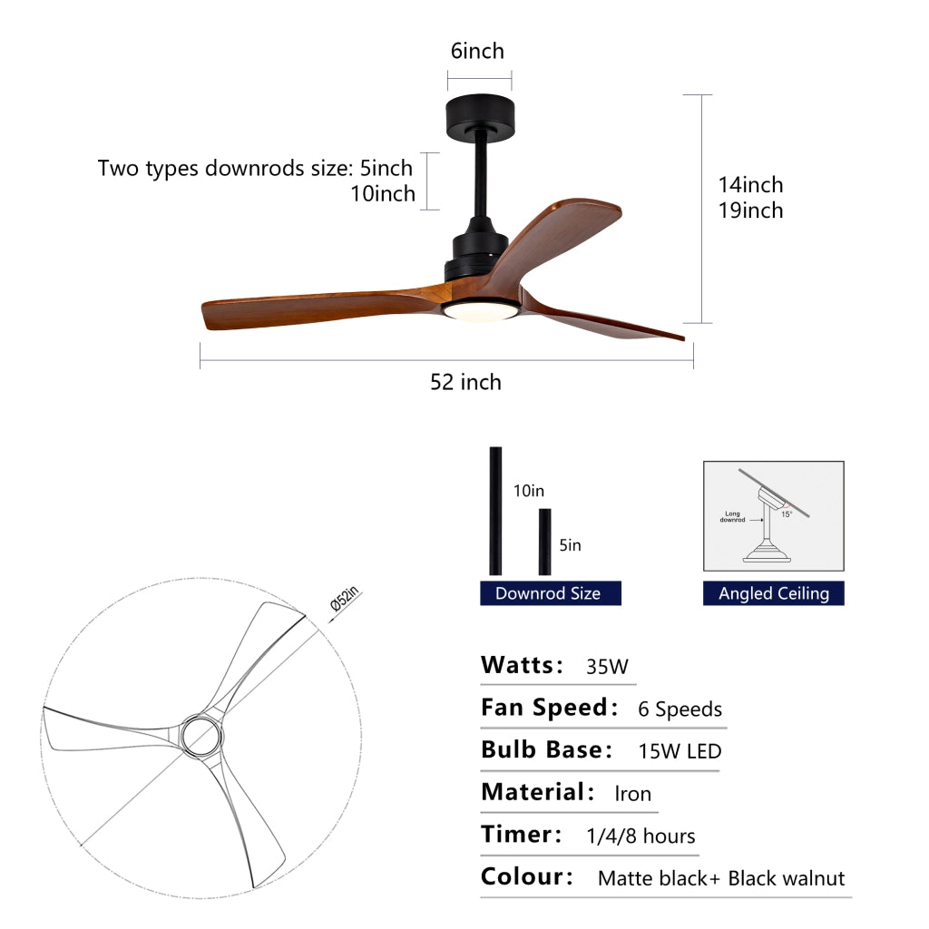 Nuovo ventilatore da soffitto 52 pollici con luce, 3 pale legno massello, 6 velocit¨¤, 3CCT dimmerabile, telecomando, design moderno