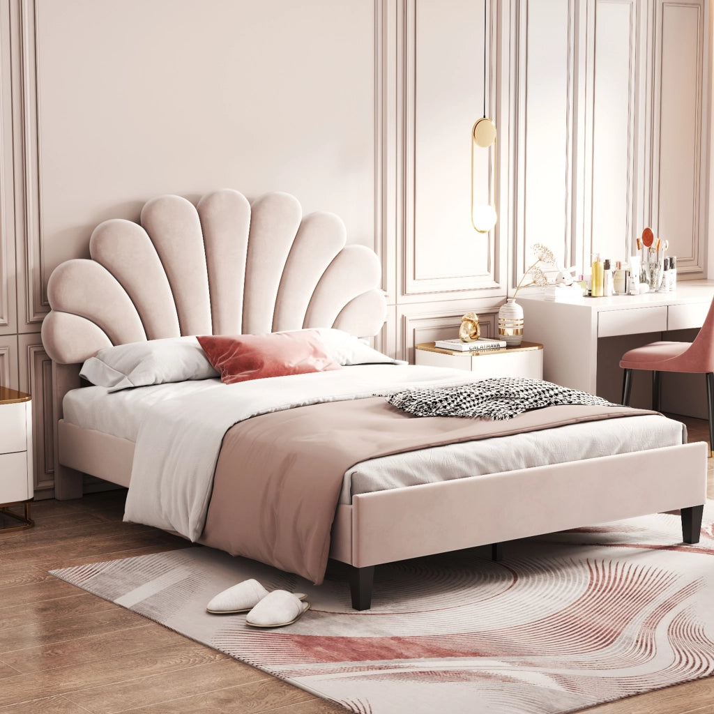 Letto imbottito in velluto con testiera a fiore e doghe; beige; 140x200 cm; senza materasso