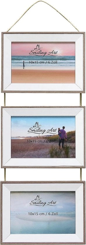Collage per 3 foto - legno MDF - adatto per decorazione di parete - marrone + bianco - 3x10x15 cm