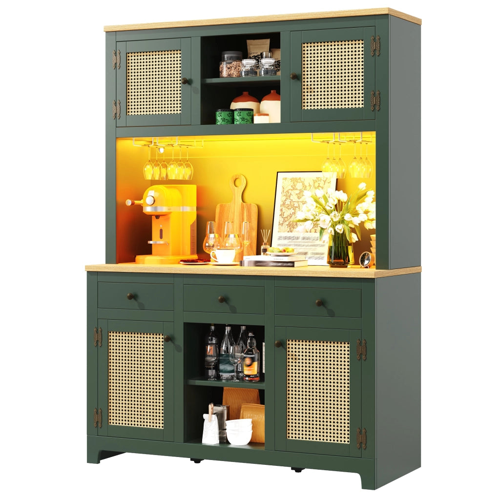 Mobile alto multifunzione in MDF con ante in PE rattan, sistema luci USB opzionale, 120x40x180 cm, Verde Antico
