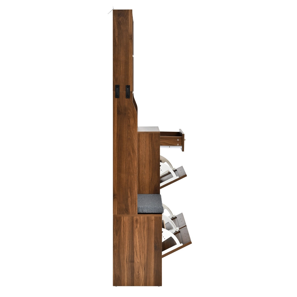 Mobili da ingresso con panca, 3 ante ribaltabili, cassetto, ripiani aperti e ganci, in MDF, noce, 100 × 30 × 170 cm