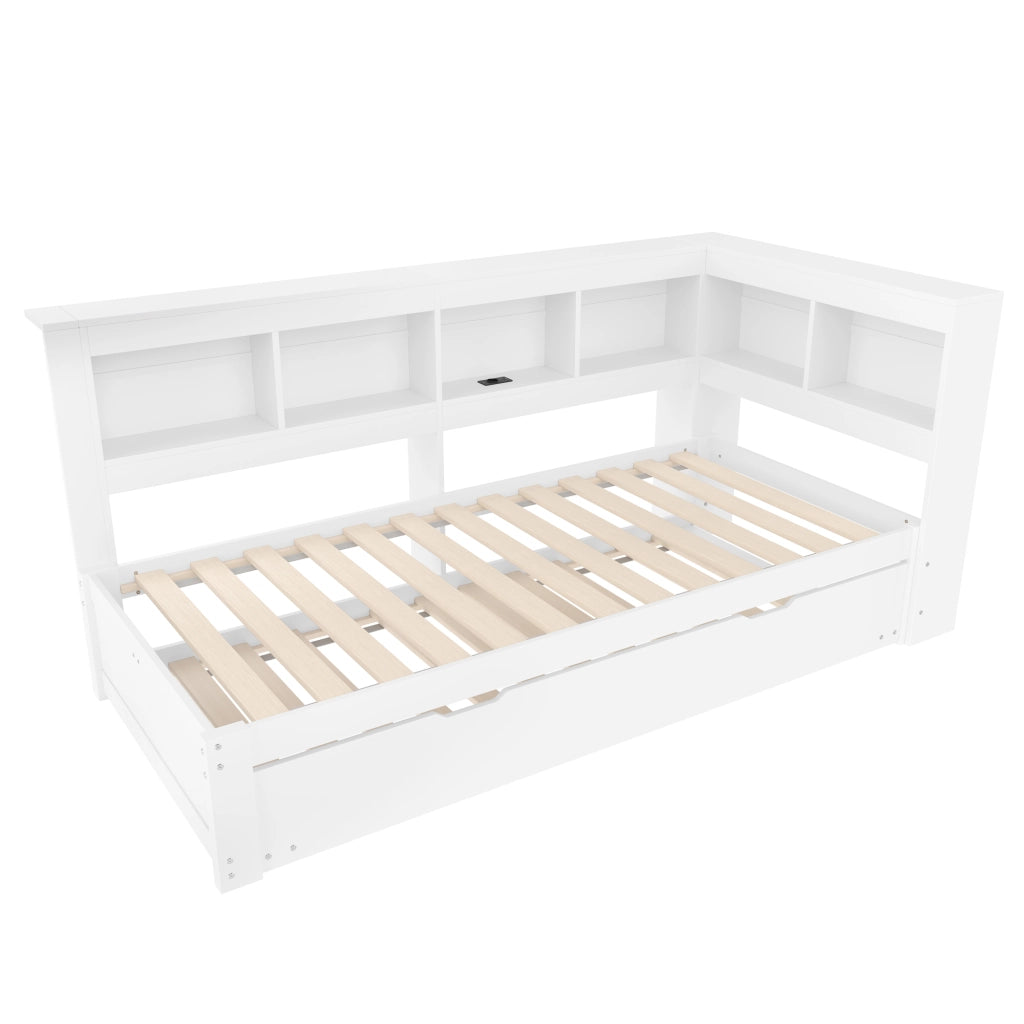 Letto estraibile singolo 90×200 cm con presa; 2 USB e ripiani; senza materasso; pino; bianco