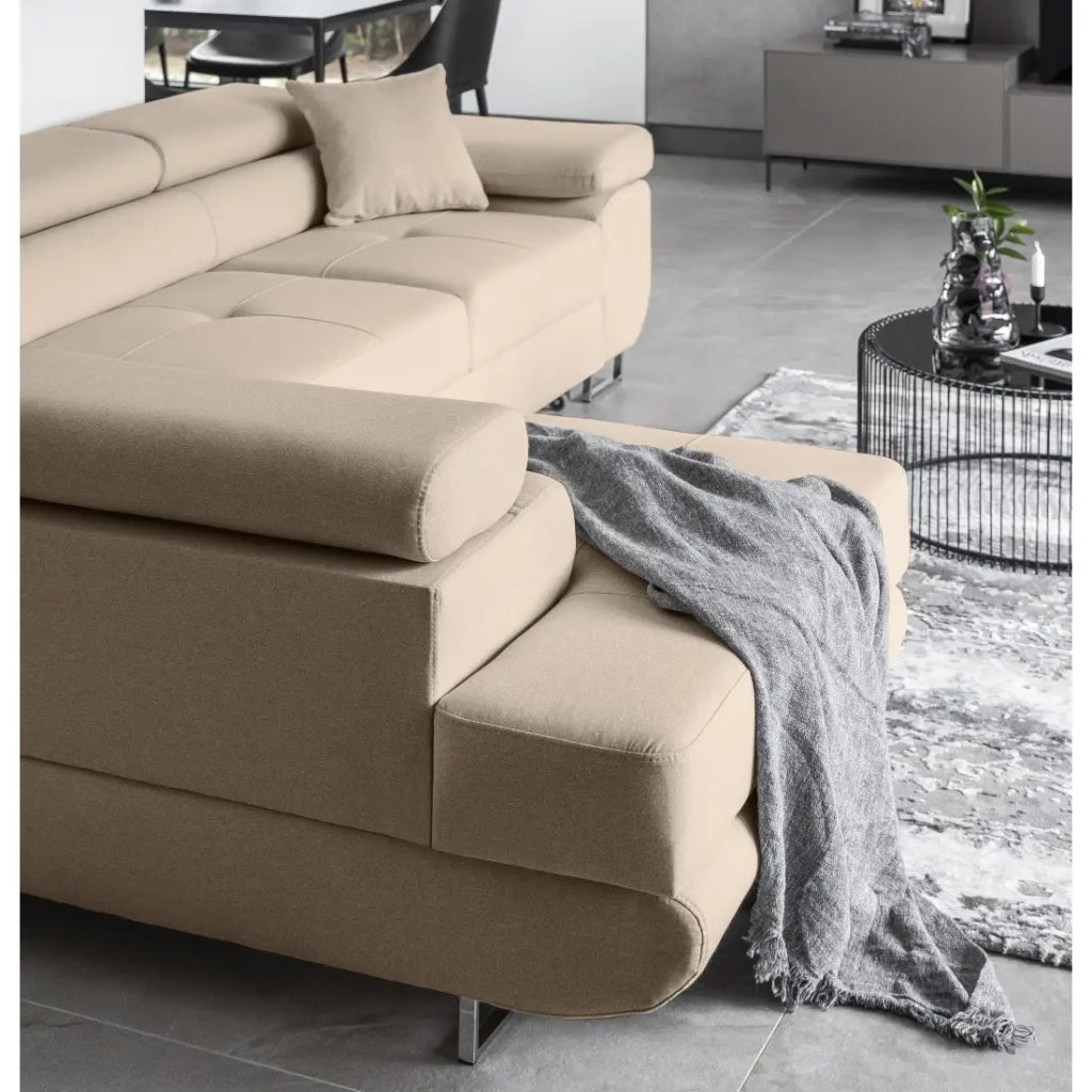 Divano angolare trasformabile MENTON beige in velluto – Angolo sinistro con baule