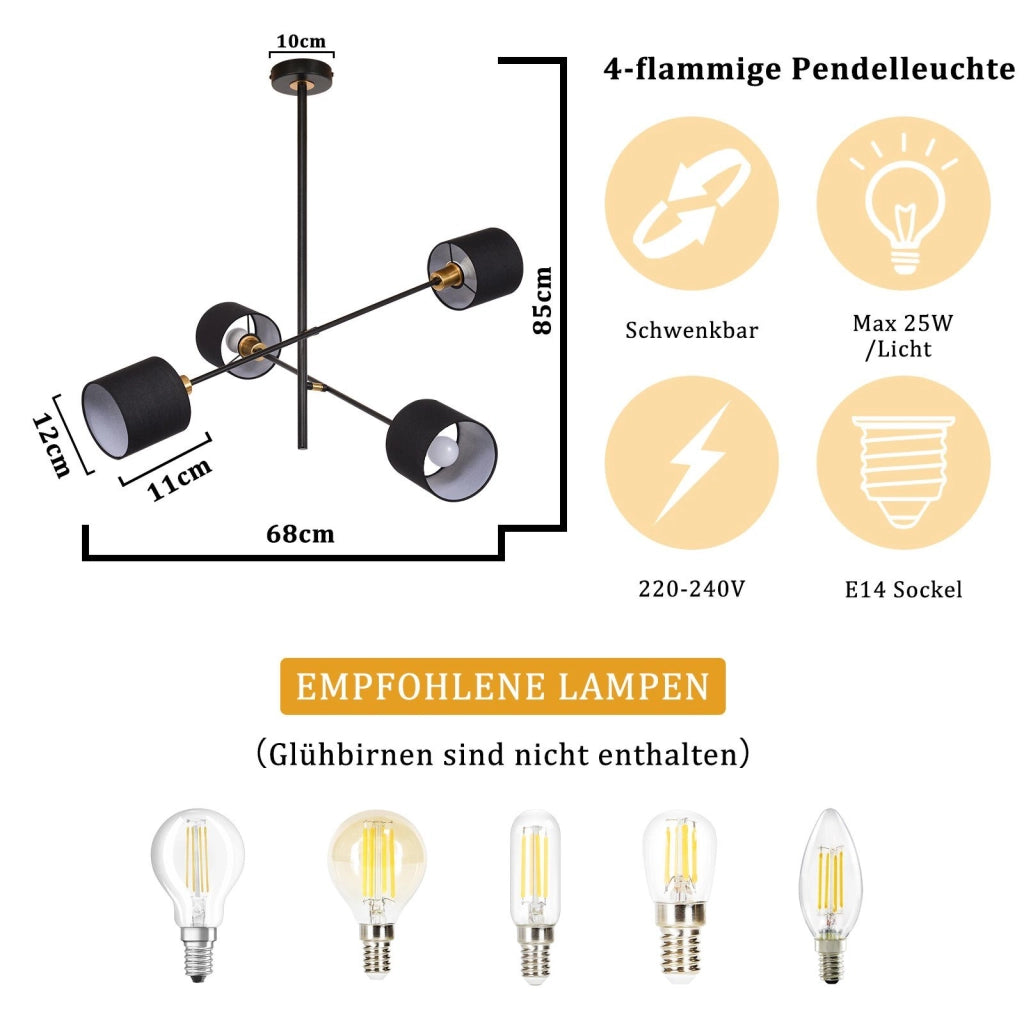 Lampada a sospensione ZMH metallo 4 Luci nero E14 retr¨° paralume per sala da pranzo soggiorno diametro 85 cm