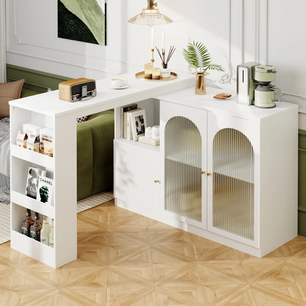 Mobile Bar Girevole con Anta in Vetro; Ripiani Aperti e Vano Contenitore Chiuso per Cucina e Sala da Pranzo; Bianco