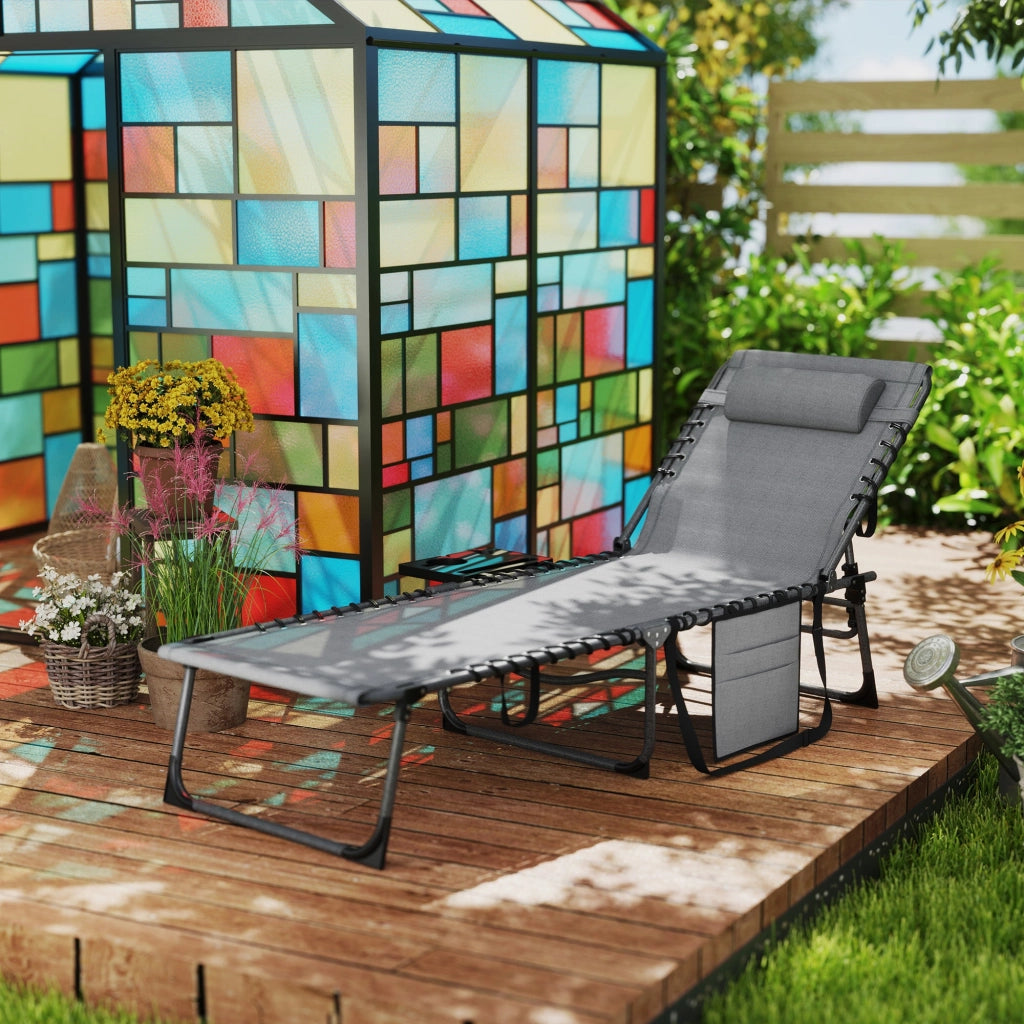 Sdraio da Giardino Pieghevole 60x190x31 cm Reclinabile a 5 Livelli con Tavolino Laterale e Tasca Grigio e Nero