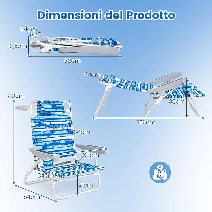 Set di 2 Sedie Pieghevole da Spiaggia, Lounge Sdraio con 5 Posizioni Regolabili, Poltrona da Mare con Cuscino, Porta Asciugamano, Braccioli & Portabicchieri, Portata 150 kg (Blu)