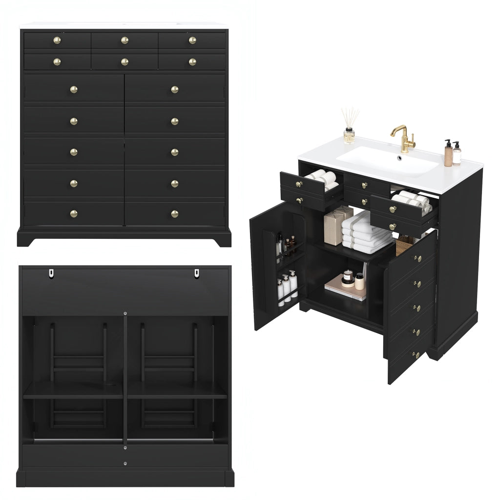 Mobile Bagno con Lavabo in Ceramica ¨C MINIMAL ¨C Nero/Oro, Cassetti, Armadietto