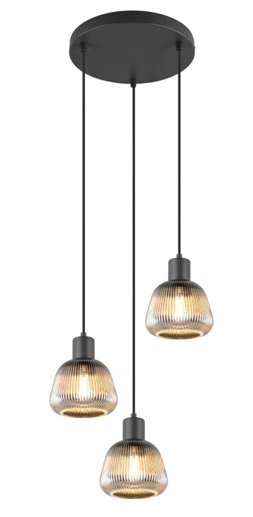 Lampadario retro Trio Tarifa nero vetro 3xE27 Ø37cm
