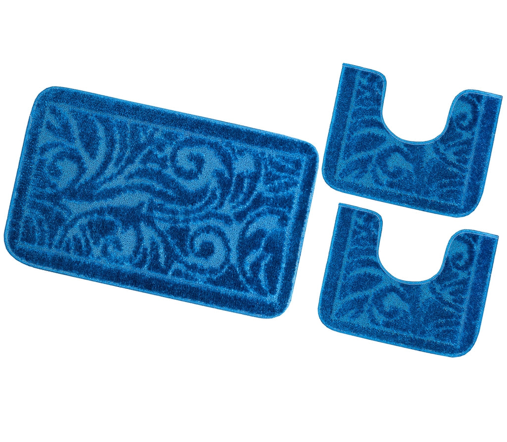 Tappeto Bagno Damascato Parure Blu Morbido Soffice Assorbente Antiscivolo Lavabile