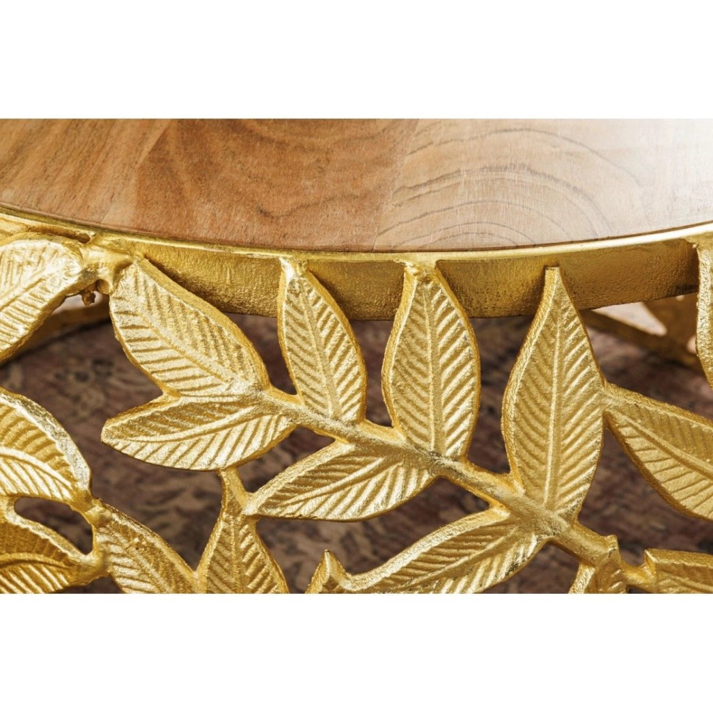 Set di 2 tavolini METRIX dorati con motivo fogliame - Tavolini design in alluminio e legno di acacia