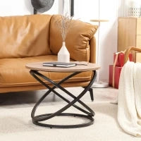 Tavolino Rotondo Stile Industriale in Metallo Nero e Piano in Legno, Ø 60 x 46 H cm