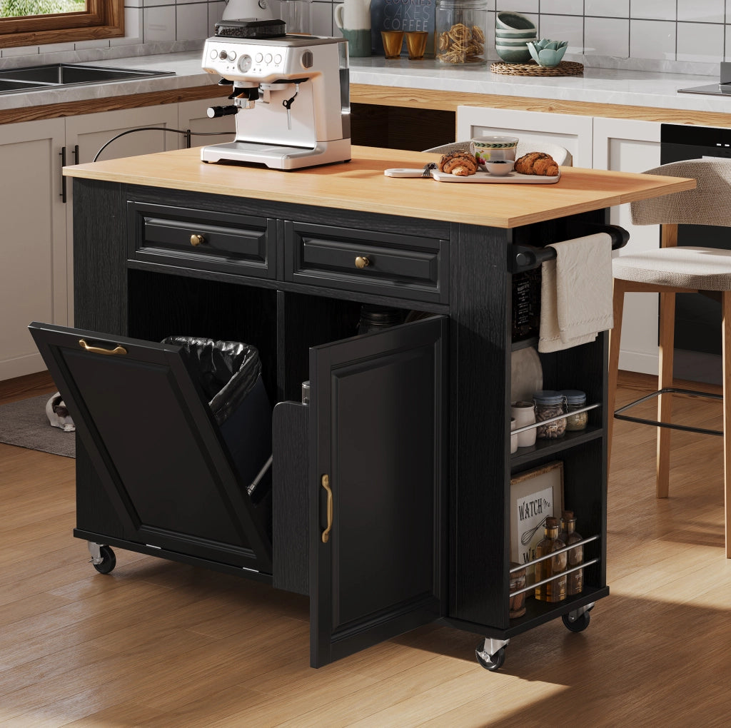 Isola da cucina 120x40-70x92 cm con piano ribaltabile e prese; in MDF e PB; nero naturale