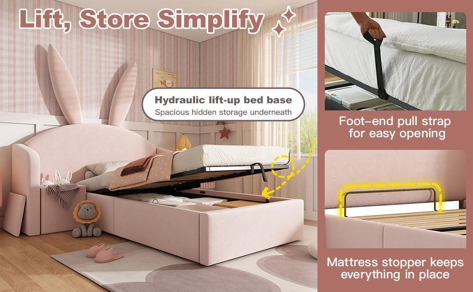 Letto per bambini 90 × 190 cm con comodino contenitore, testiera imbottita, senza materasso, rosa