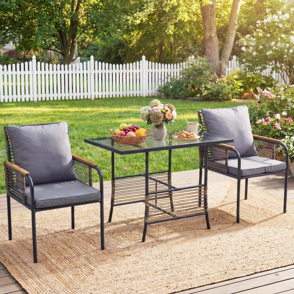 Set bistro vimini 3 pezzi rattan tavolo rettangolare sedie-Set pranzo esterni salvaspazio cuscini patio balcone veranda Grigio