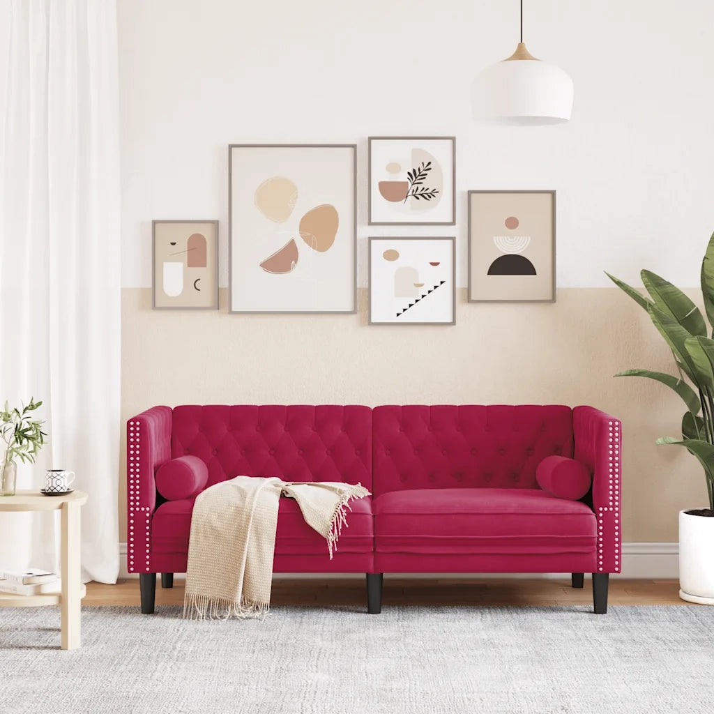 Divano Chesterfield con Rinforzi 2 Posti Rosso Vino in Velluto