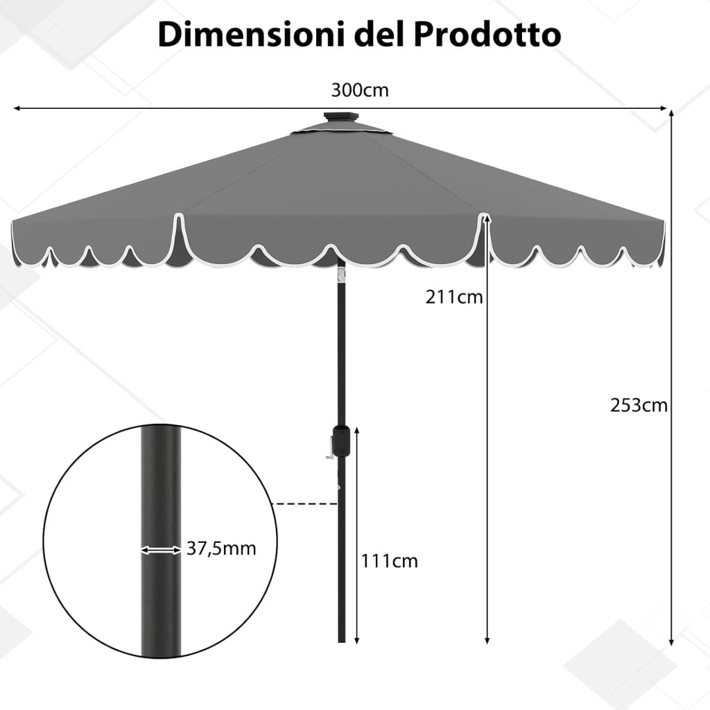 Ombrellone da Giardino 300 cm, con 24 Luci LED Solari, Inclinazione Regolabile, Manovella, 8 Stecche, Anti-UV, Top Ventilato, Idrorepellente, Giardino Piscina Patio (Grigio)