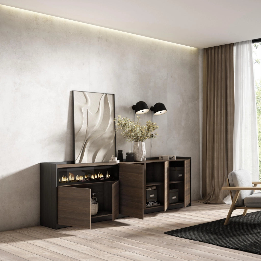 Credenza, Mobile, Cucina, 260x80x37 cm, 5 Porte, Camino elettrico, Rovere scuro e Nero