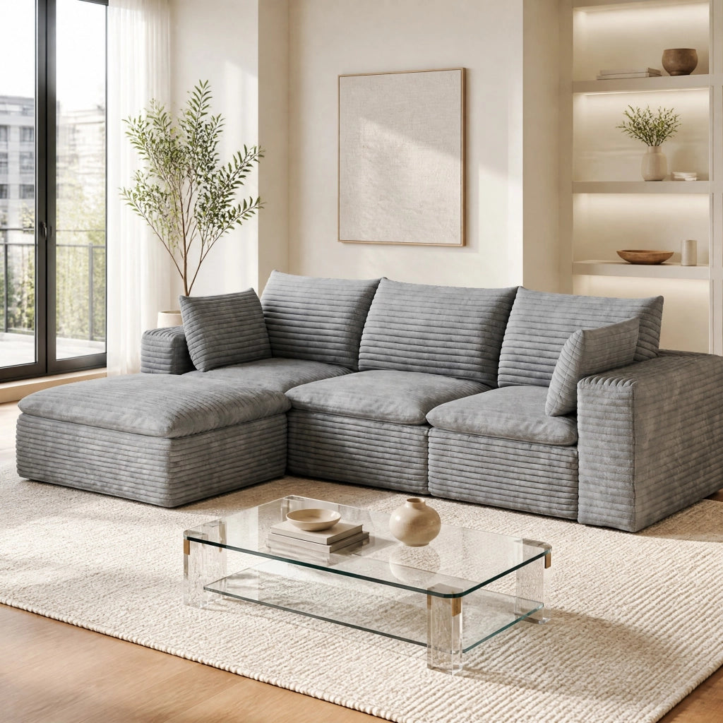 Divano modulare in tessuto grigio con imbottitura in schiuma e design componibile