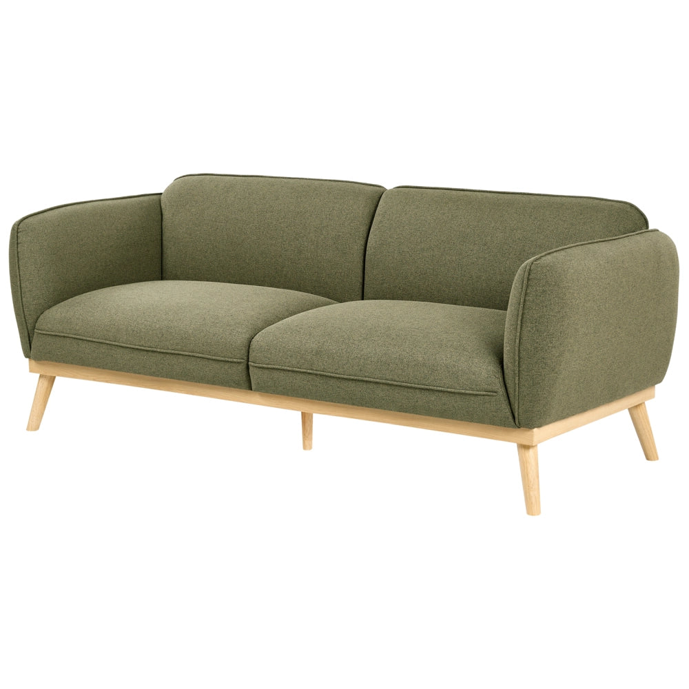 Set da salotto in stile scandinavo con divani a 2 e 3 posti, gambe affusolate in legno e rivestimento in tessuto verde oliva