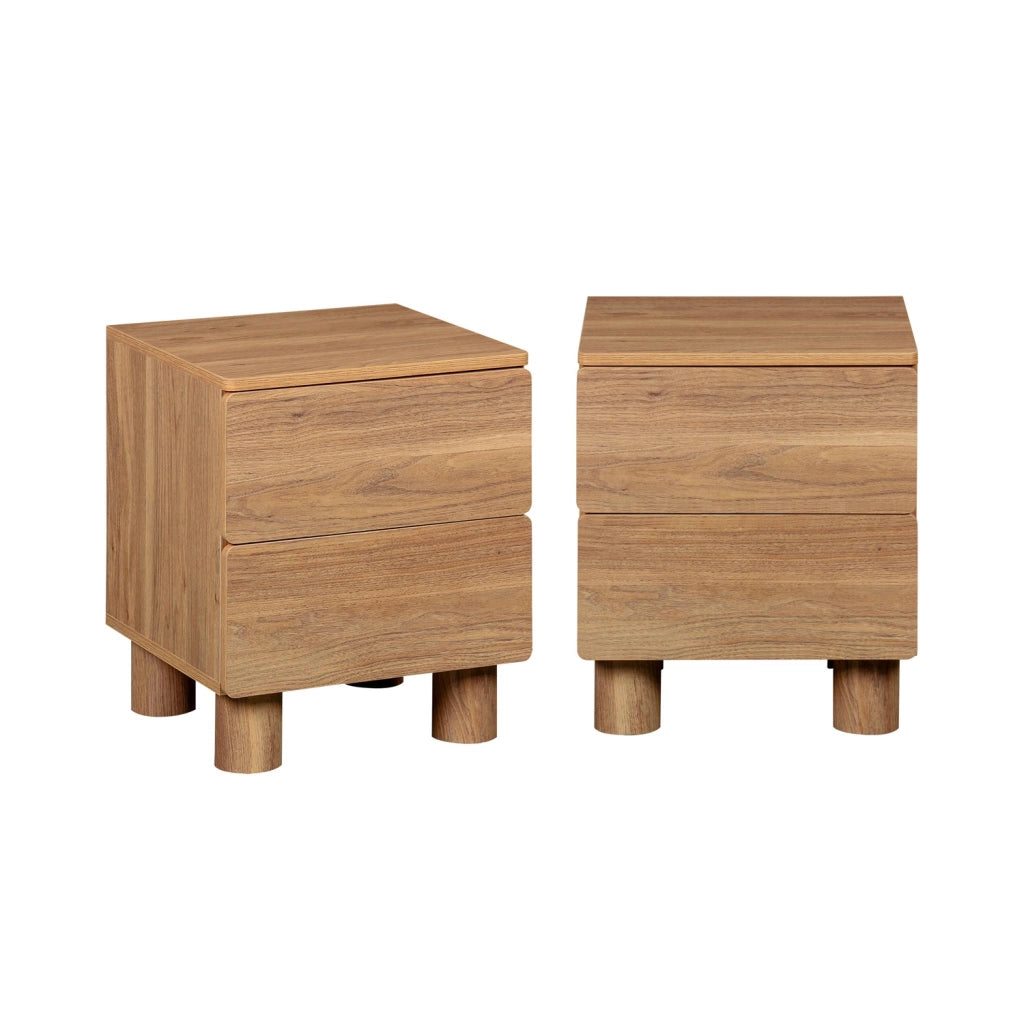 Set di 2 comodini effetto legno, 2 cassetti, legno di nocciolo