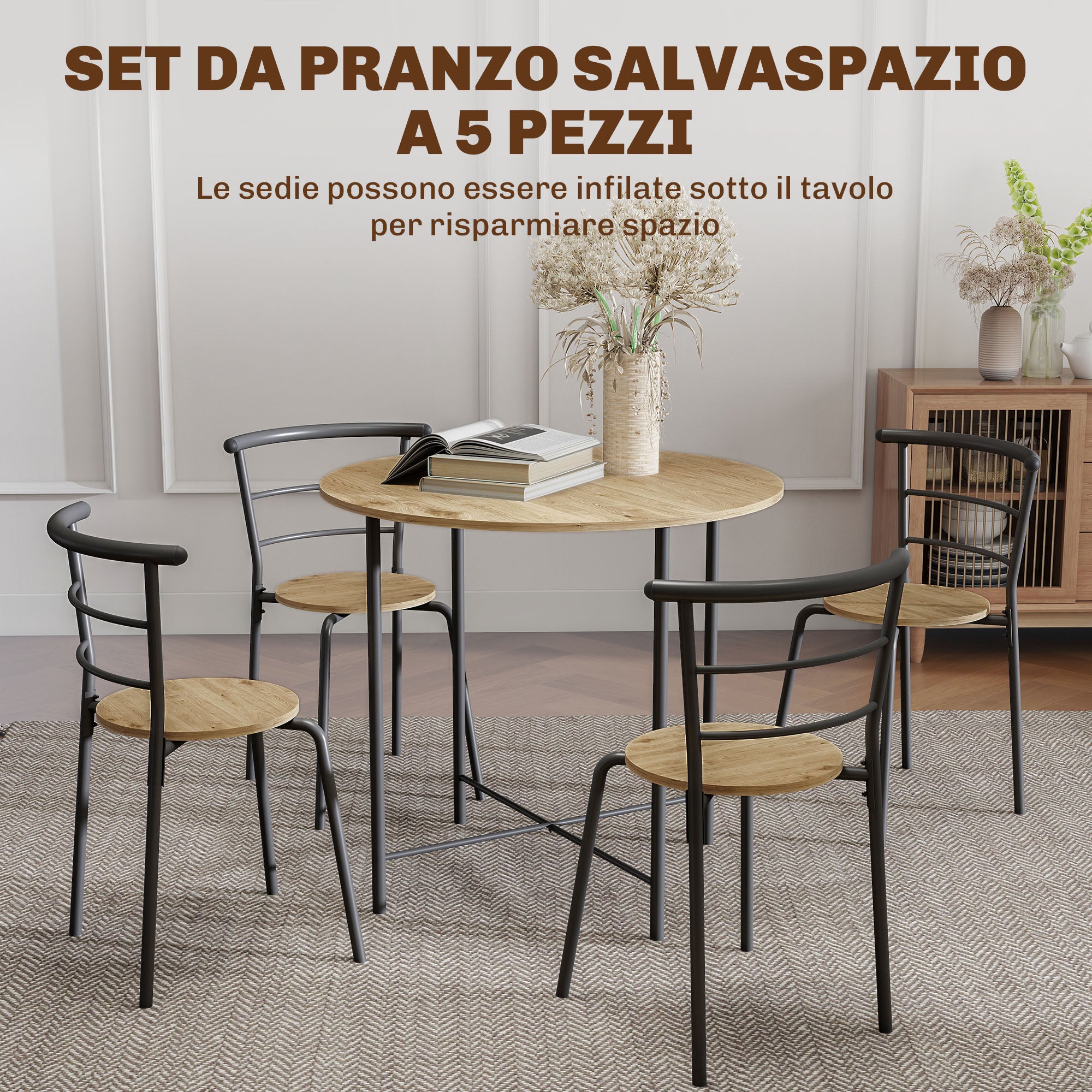Set Tavolo da Pranzo Rotondo Stile Industriale con 4 Sedie Salvaspazio in Legno e Metallo