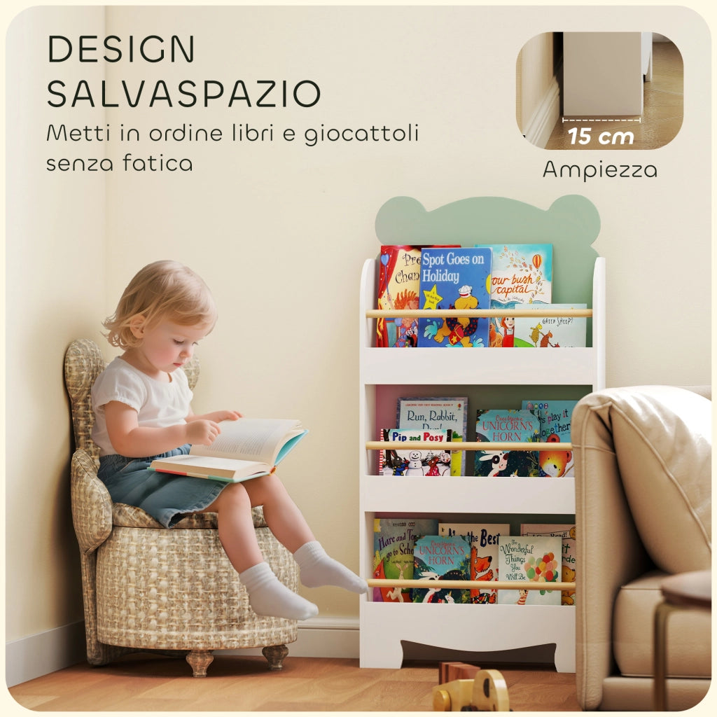 Libreria per Bambini con 3 Ripiani a Forma di Orsetto con Barriere Frontali, 55x15x110 cm, Verde