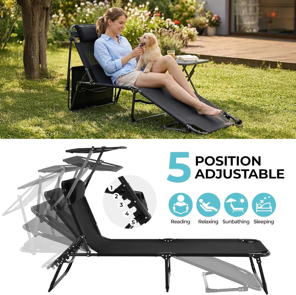 Lettino prendisole con tettuccio parasole, pieghevole, 190 x 59 x 32 cm, portata fino a 150 kg, con tasca laterale, cuscino e schienale regolabile, per giardino, balcone e piscina (2, nero