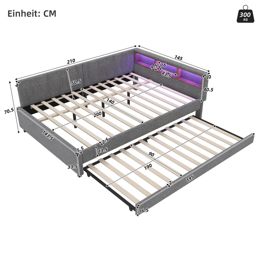 Letto 140x200 cm estraibile con LED; vano portaoggetti e USB in lino grigio