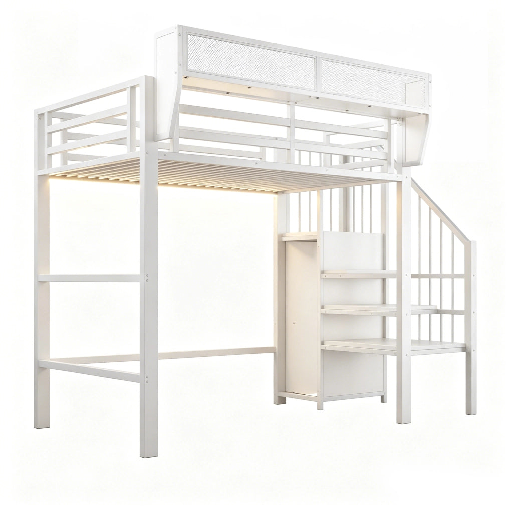 Letto a soppalco 90x200 con scala di sicurezza e LED, metallo e MDF, bianco e nero