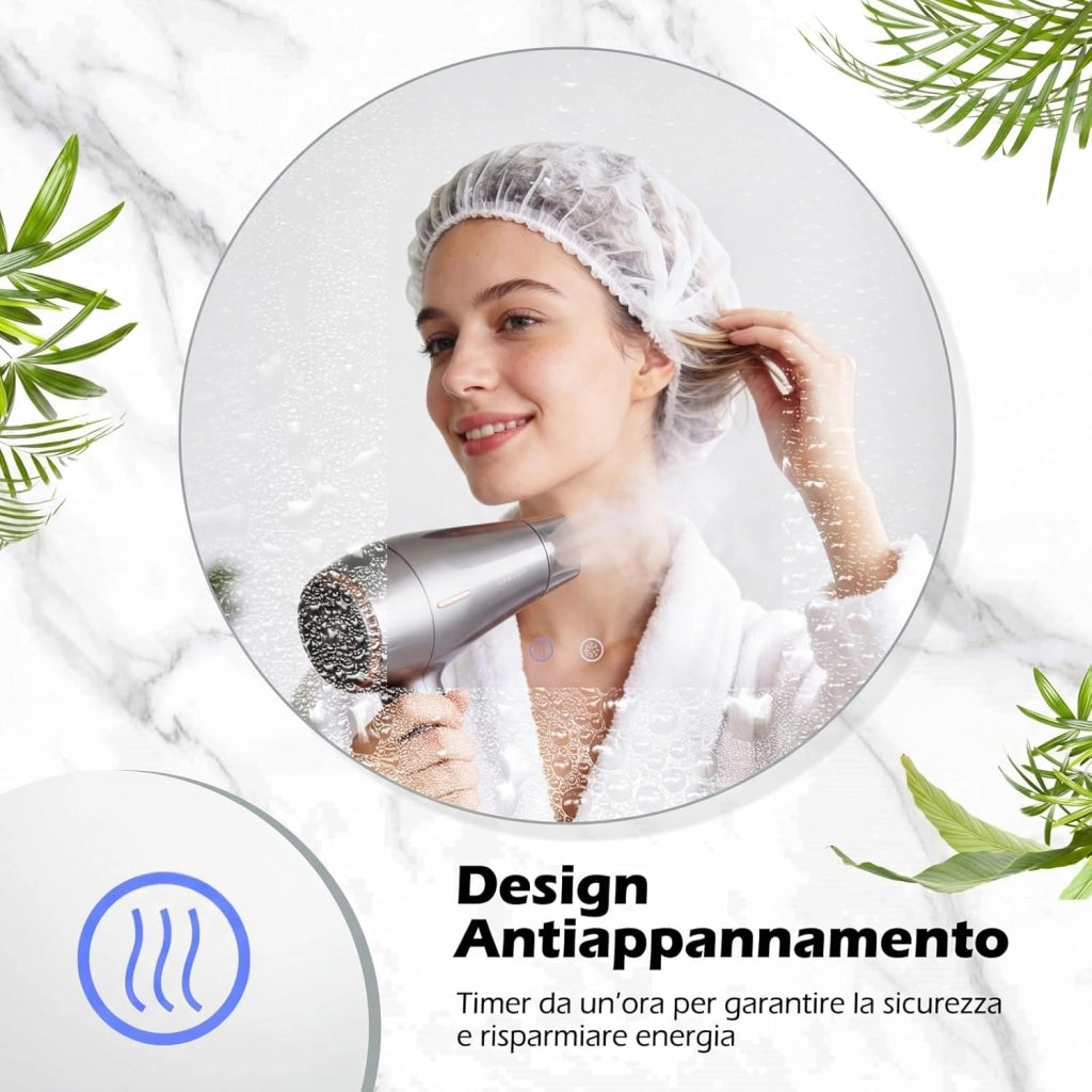 Specchio Rotondo LED da 60 cm, Specchio da Bagno da Parete con Luminosità Regolabile, Retroilluminato Morbido, Vetro Temperato con Funzione Memoria e Anti-Appannamento (60 cm x 2,8 cm)