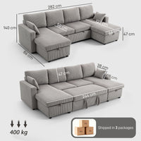 Divano Letto Moderno a U 282x140x86 cm con 2 Chaise Longue e Vani Contenitore Velluto a Coste Grigio