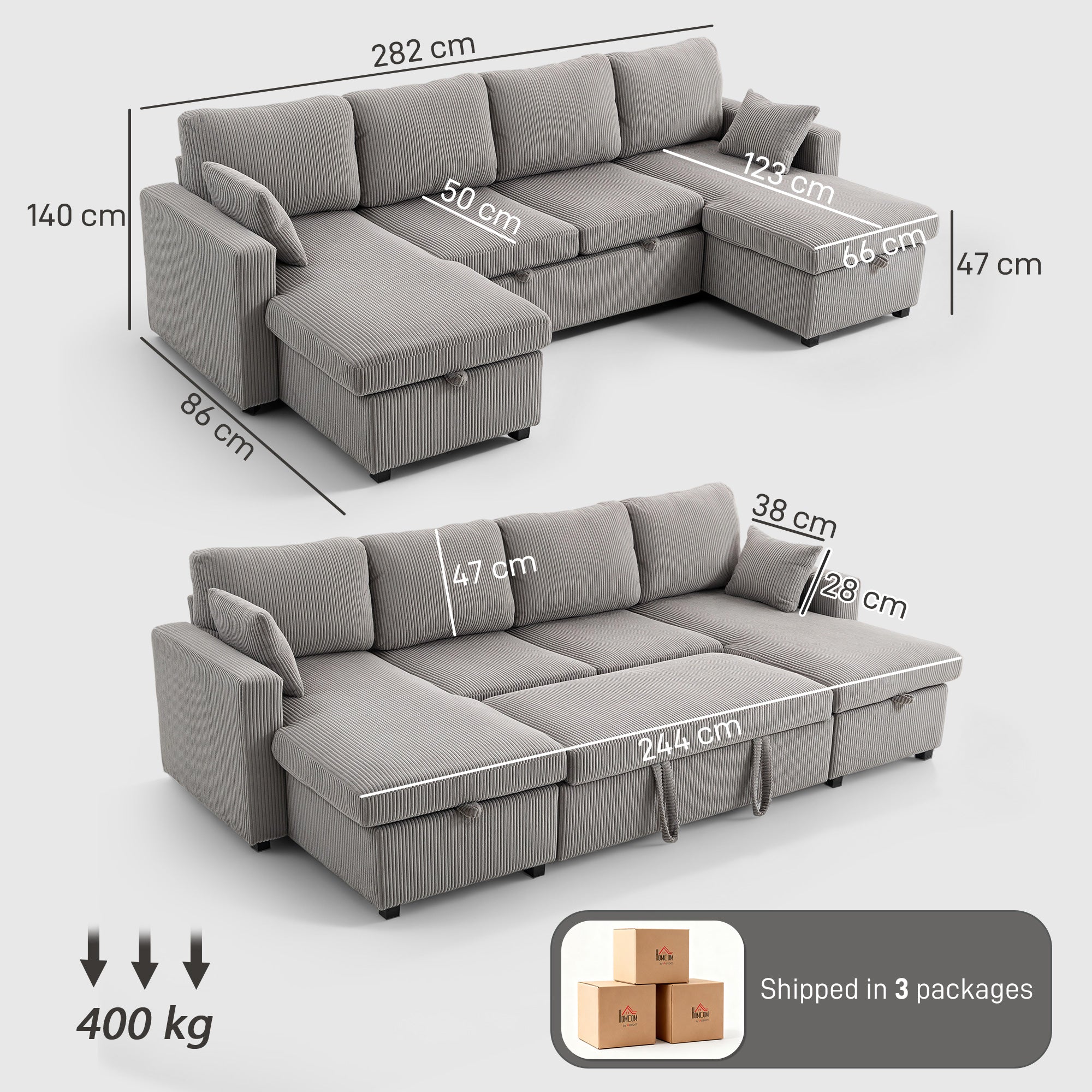 Divano Letto Moderno a U 282x140x86 cm con 2 Chaise Longue e Vani Contenitore Velluto a Coste Grigio