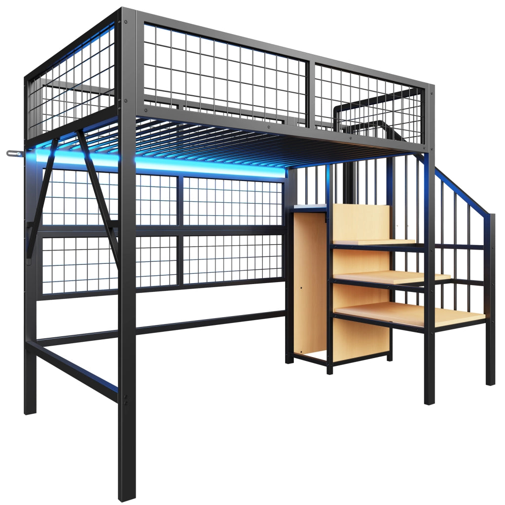 Letto a soppalco in metallo 90x200 cm con scala contenitore, LED e guardaroba aperto, nero