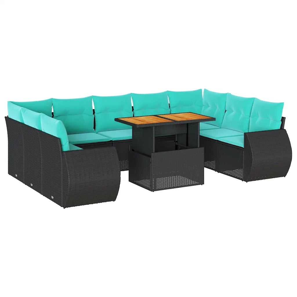 Set Divani da Giardino 10pz con Cuscini in Polyrattan Nero