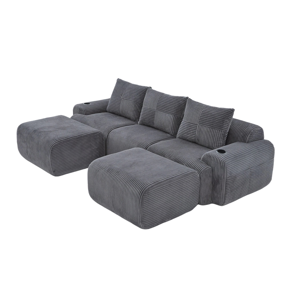 Divano modulare in corduroy con cupholder e tasca laterale; grigio scuro 268x174x66 cm