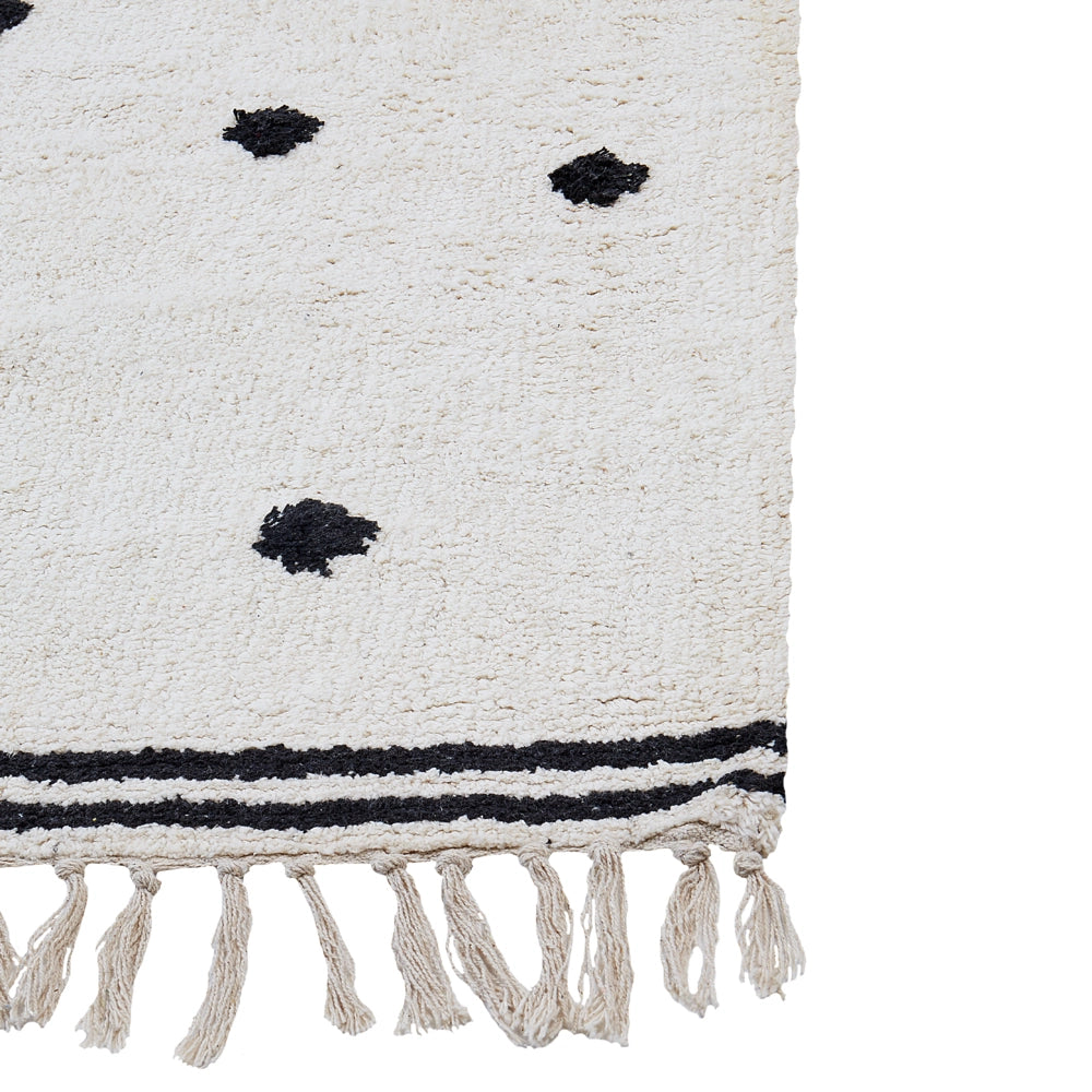 Tappeto moderno in cotone bianco con pois neri e frange rettangolare 140 x 200 cm soggiorno moderno