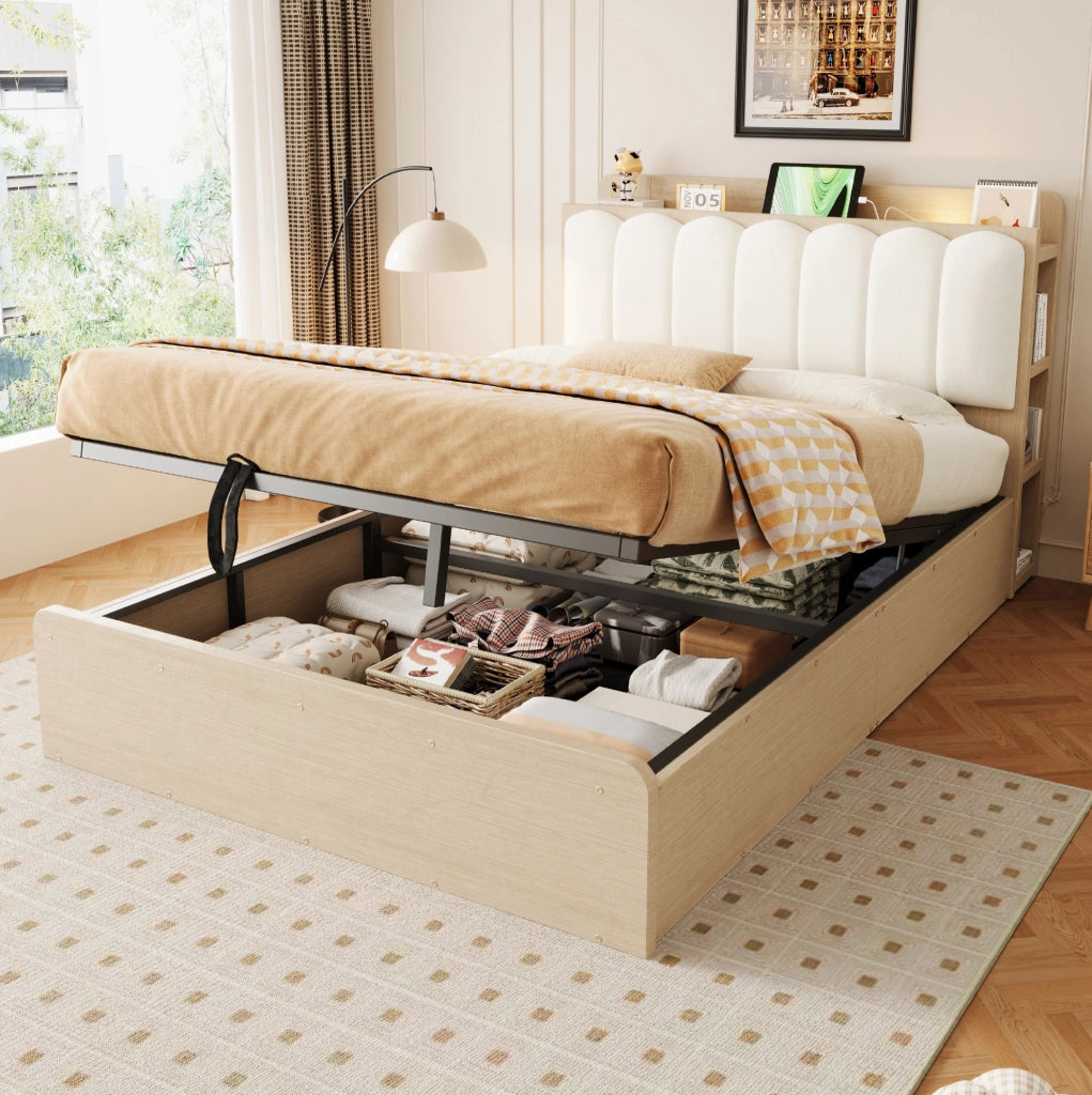 Letto contenitore idraulico 140x200 cm in legno con USB