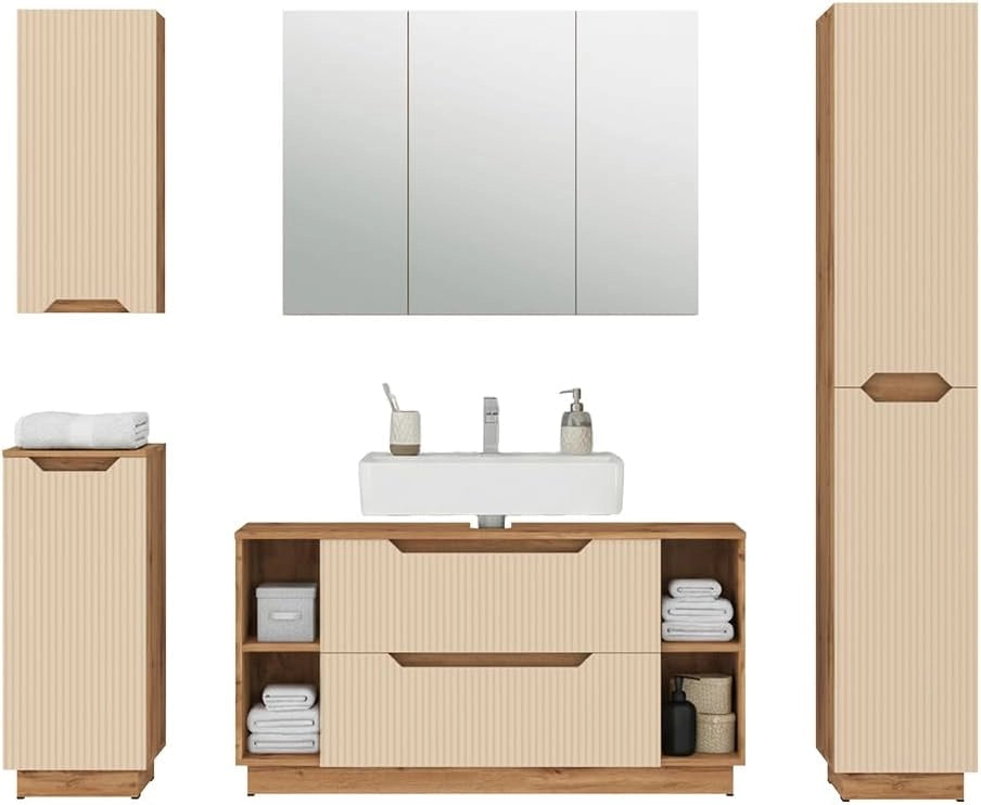 Set di mobili da bagno Lotta, Rovere/cashmere a righe, 5 parti