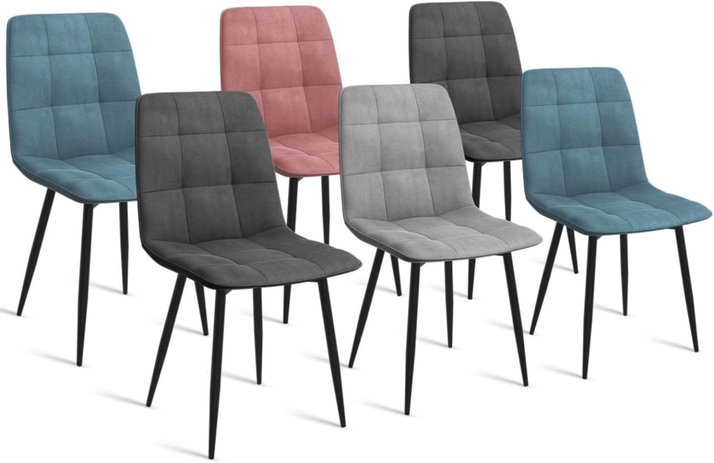 Set di 6 sedie in velluto misto MILA blu pastello x2, grigio scuro x2, grigio chiaro e rosa