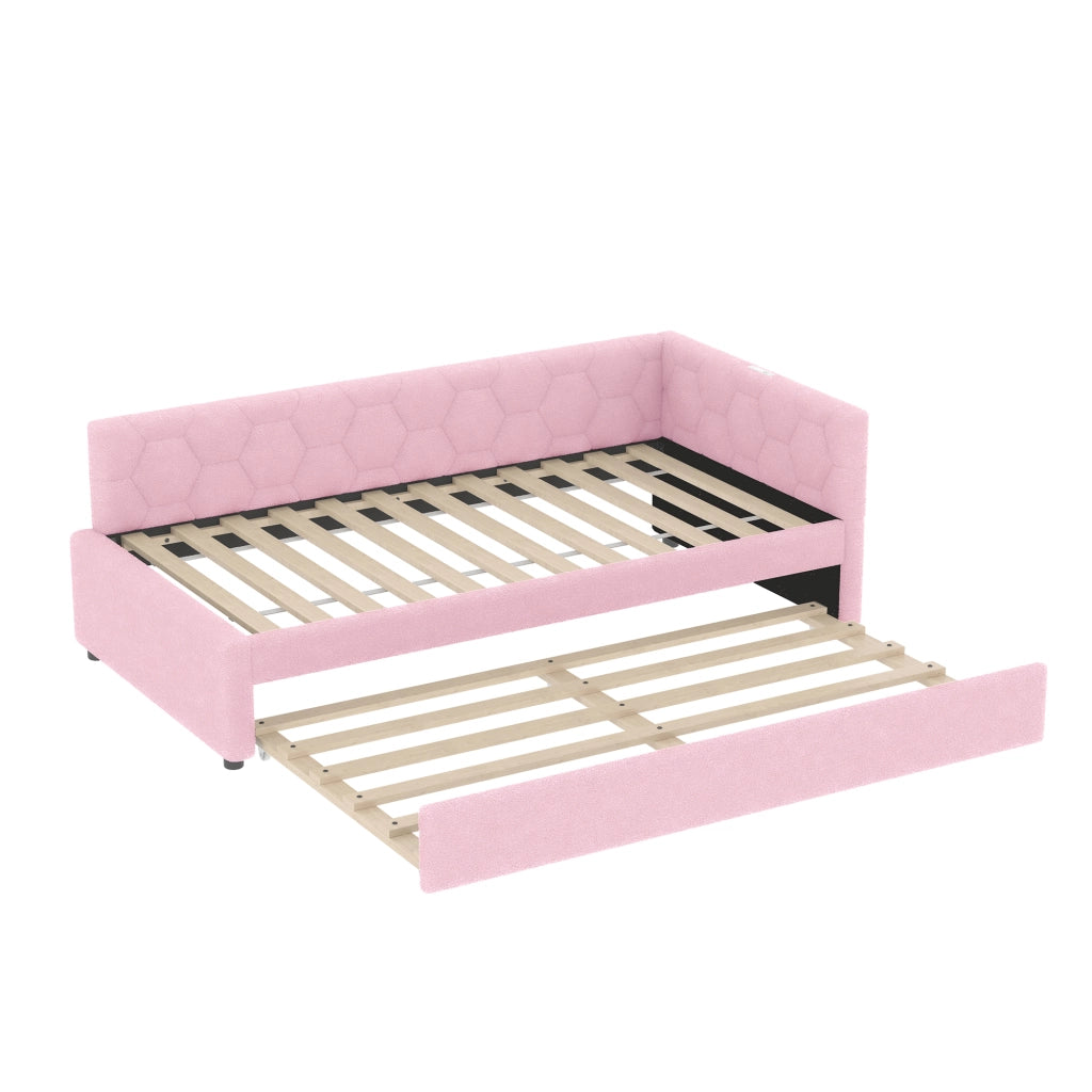 Letto singolo estraibile 90×200 cm con USB; Type-C; lampada; rete; senza materasso; tessuto non tessuto e MDF; rosa