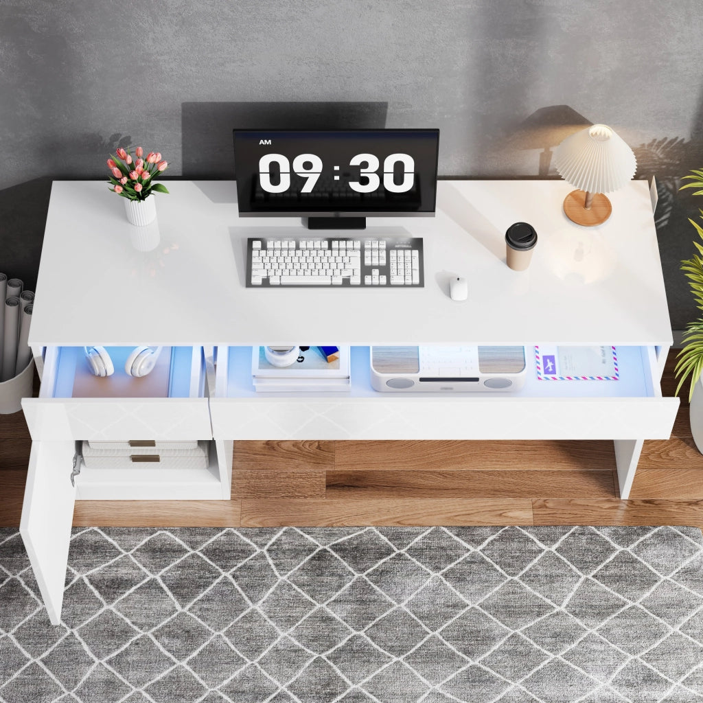 Scrivania moderna lucida 120 x 50 cm con LED, 2 cassetti e 1 anta, bianca